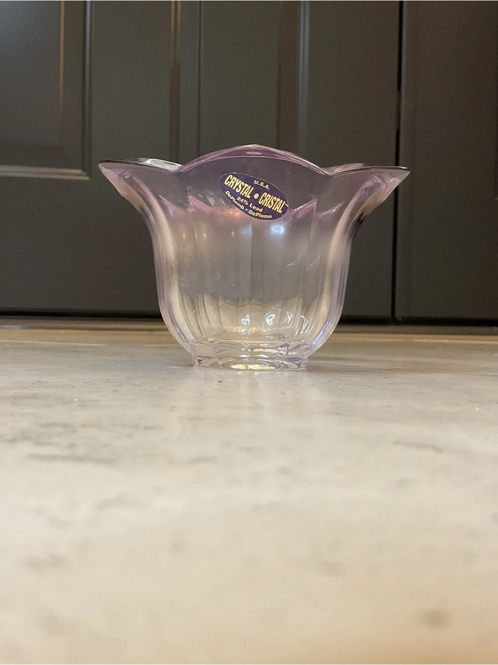 Vintage Amethyst Crystal Flower Bowl 24% lead crystal scalloped rim fluted body